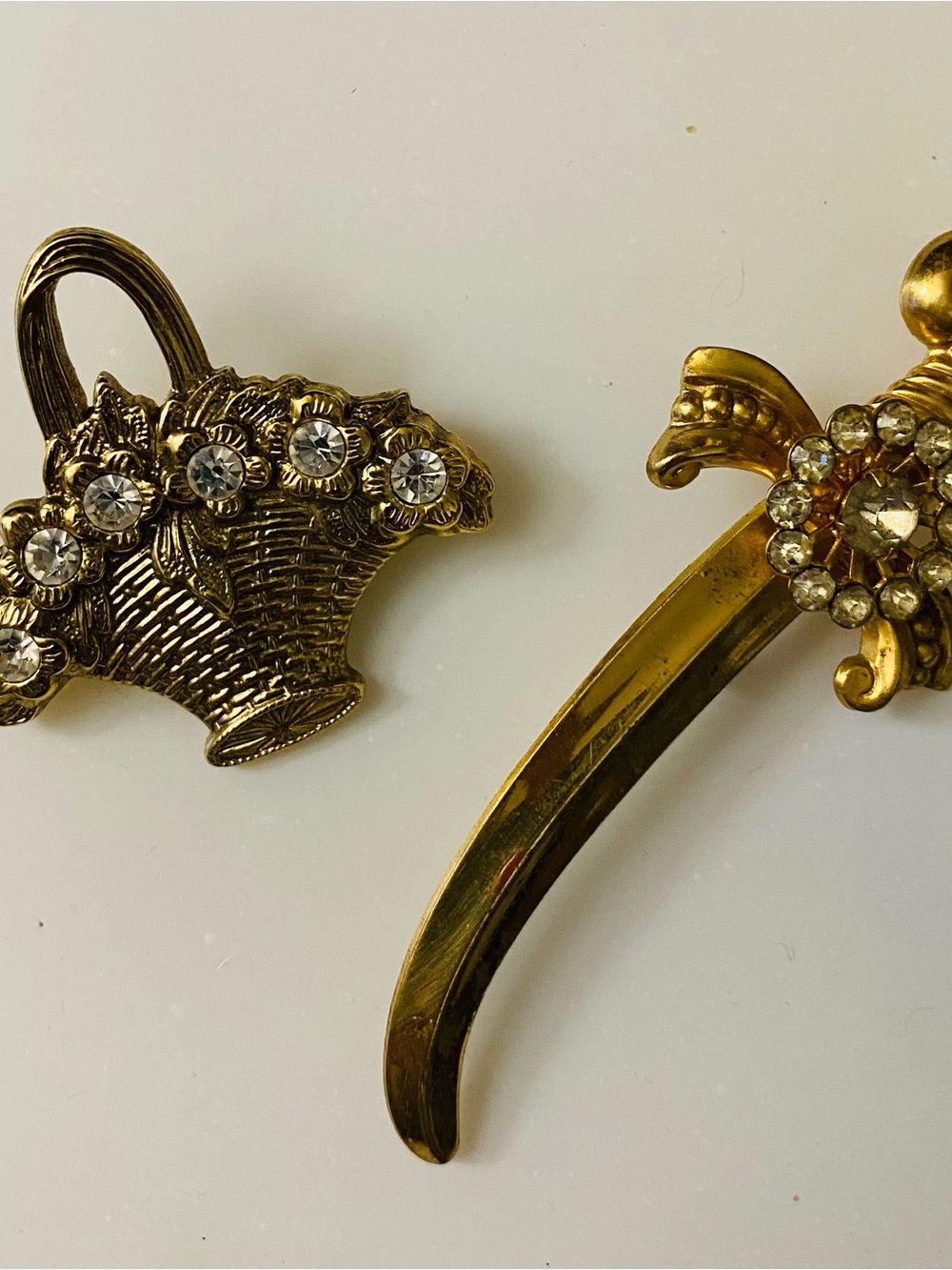 Gold-Tone Floral Basket Brooch with Clear Rhinestones and Gold-Tone Sword
